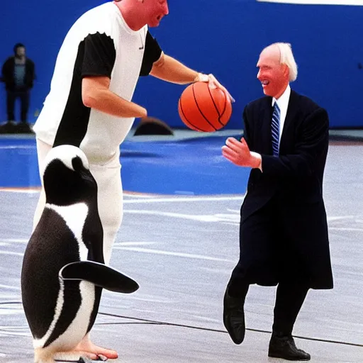 Image similar to Borris Johnson playing basketball with a penguin, hyperdetailed, 4k, best photo