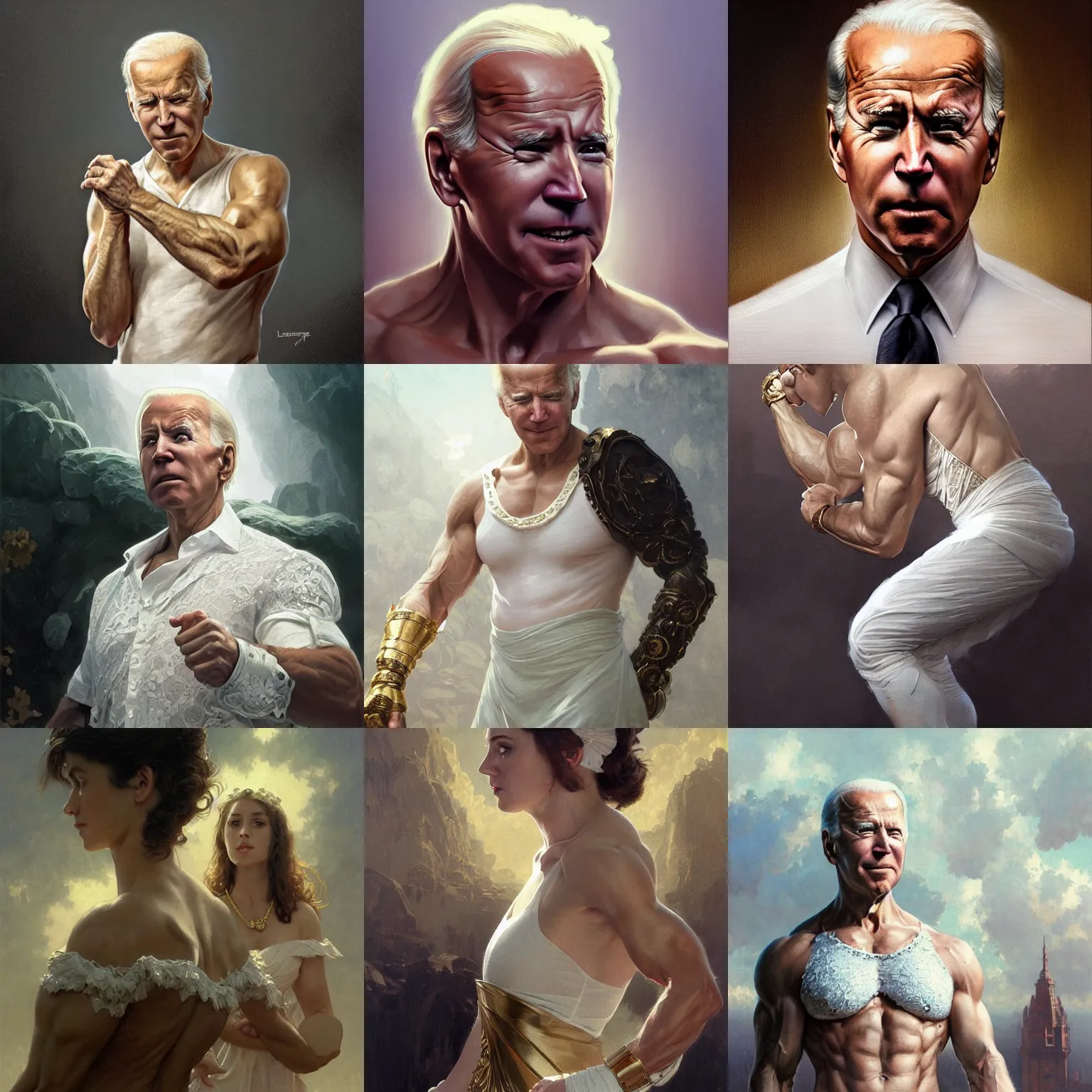 Prompt: joe biden, flexing large muscles, white lace clothing, gold accessories, elegant, highly detailed, digital painting, matte, sharp focus, art by wlop, artgerm, greg rutkowski, alphonse mucha, frank frzetta, boris vallejo, bouguereau, beksinski, cinematic