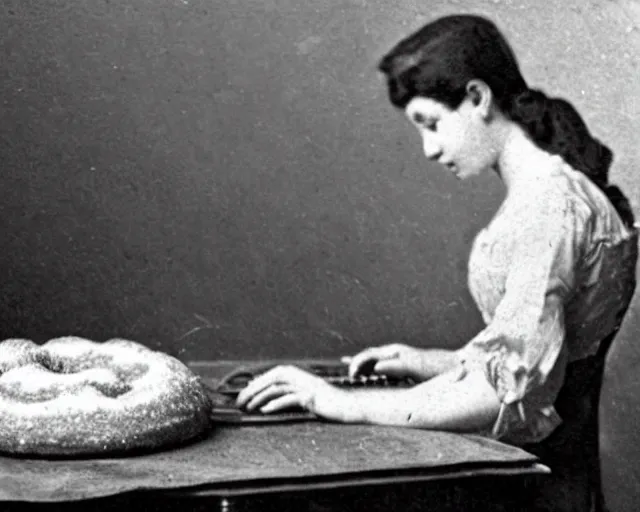 Prompt: an early 1800s photo of someone sitting at a computer making a donut on a computer in blender3d