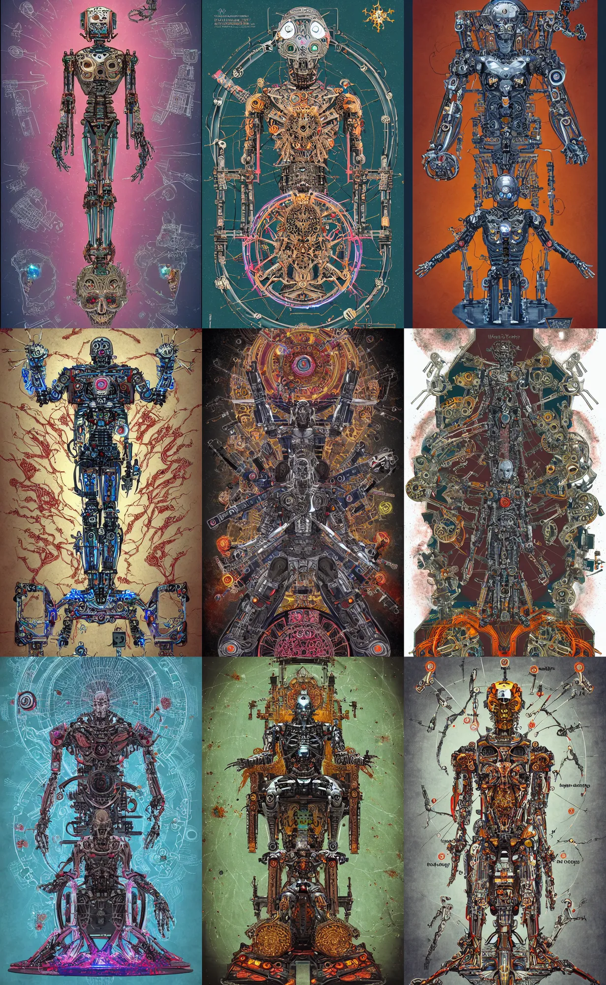 Prompt: anatomy of the vitruvian terminator, robot, cyborg, t 1 0 0, bloodborne, psychedelic colors diagrams, mystical, sat on robot throne, intricate ornamental tower floral flourishes, rule of thirds, technology meets fantasy, map, infographic, concept art, art station, style of wes anderson