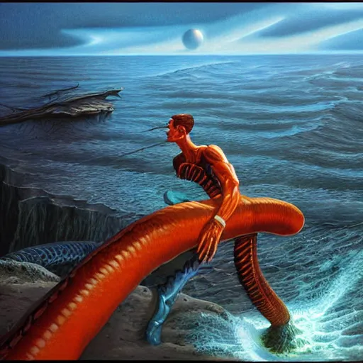 Prompt: lone soldier fighting sea serpent, illustration by Michael Whelan, imaginative realism, fantasy art, visionary art, acrylic, smooth blending