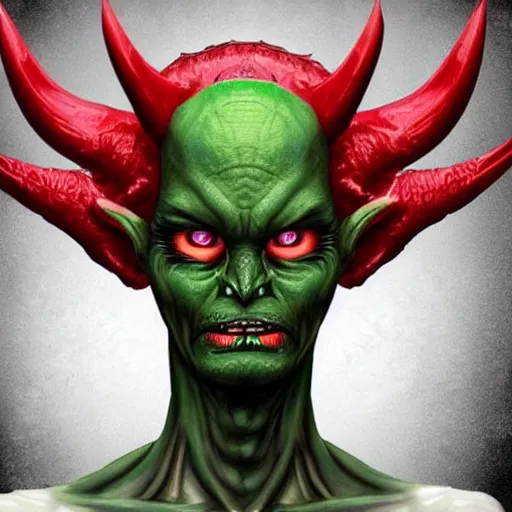 Prompt: realistic alien, medium shot portrait, devil horns,,!!!!! human eyes!!!!!!, green body. red eyes, background flames - n 6