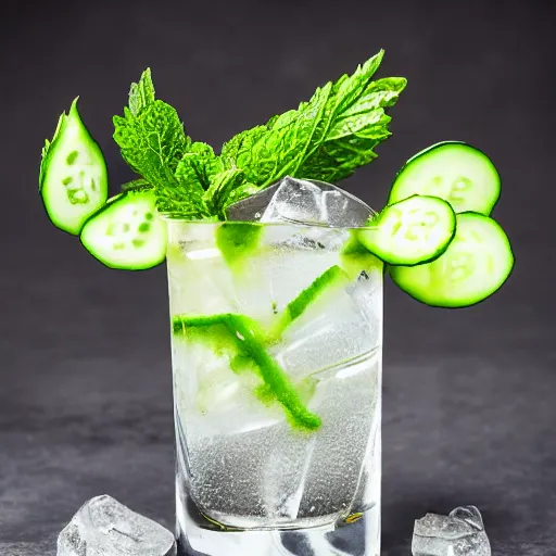 Prompt: a cocktail of cucumber, vodka and ice, photography, advertising, winner