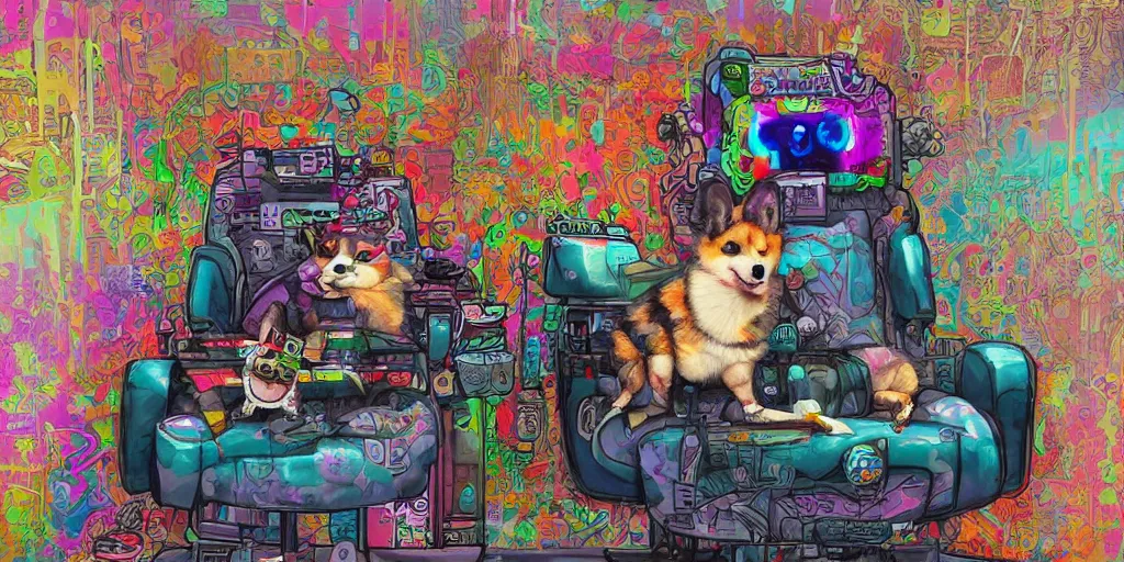 Image similar to highly detailed painting of a cute fluffy cyberpunk psychedelic hiphop corgi chilling on his throne, Zeen Chin and Farel Dalrymple , featured on Artstation, colorful graffiti, 8k, masterpiece