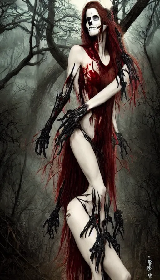Image similar to photo woman skeleton body!!, in a dark forest, black bones!!, covered with blood, alexandra daddario face!!, long red hair, black heavy eyeliner, blue eyes, realistic, sharp focus, 8 k high definition, insanely detailed, intricate, elegant, art by stanley lau and artgerm, luis royo, greg kutkowski