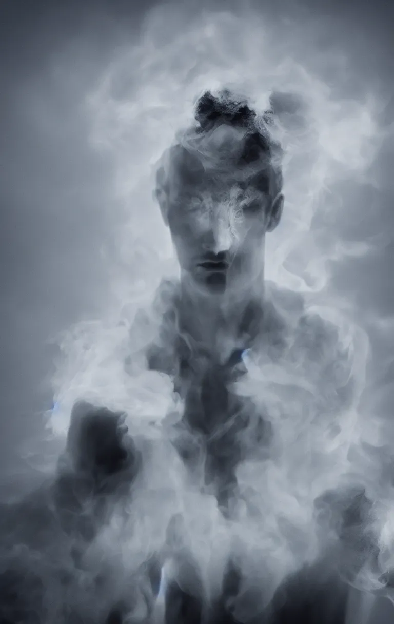 Image similar to portrait ghostly male figure, made of white and black smoke, warm light from behind, cinematic, hyper realistic, hyper detailed, octane render, blue eyes, 8K,