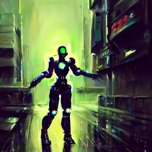 Prompt: An epic comic hyperrealistic painting of a cyber warrior girl wearing mecha cyber suit, attractive, painted by craig mullins, cyberpunk style color, heavy rainning at tokyo street night, neon lights all around, Matte painting, smoke, cinematic lighting, corona render, arnold render, movie concept art, 8k, RPG portrait, Concept world, rim lights, phtotrealistic, hdri