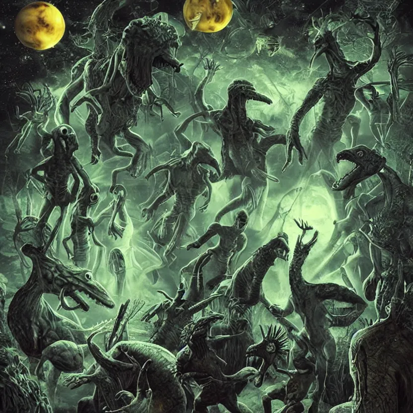 Image similar to extraterrestrial sprites, fairies, and dinosaurs. pulp science fiction. dark background