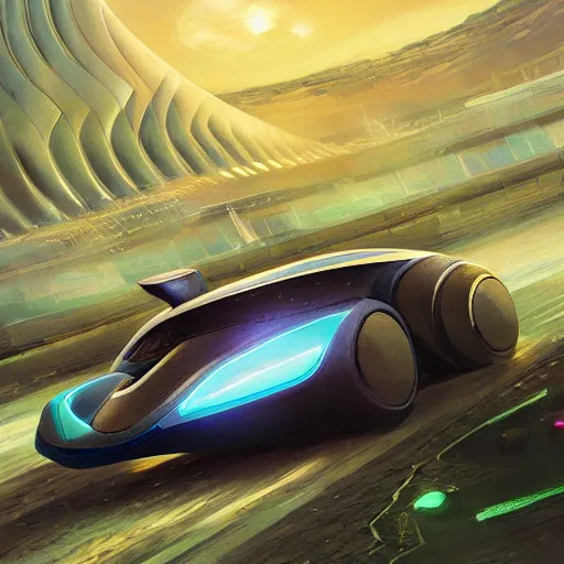 Image similar to solarpunk hovercar, clean energy, green technology, batoidea shape, highway, sunny day, futurism, intricate, engines, glow, highly detailed, peaceful, utopia, bright, digital painting, artstation, concept art, smooth, sharp focus, epic landscape, art by akihiko yoshida and tim mcburnie and anato finnstark