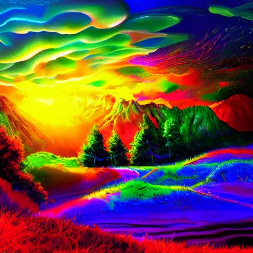 Prompt: psychedelic landscape high resolution beautiful lighting vivid colors digital painting