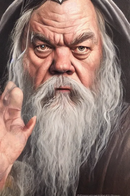 Image similar to A realistic portrait painting of Jack Black as Gandalf in LOTR by Sebastian Krüger