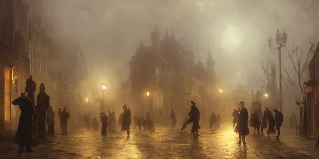 Image similar to streets of innsmouth during the night by the ocean, lovecraftian atmosphere, people standing up in front of the house, mystical fog, oil on canvas, art by andreas achenbach, clemens ascher, tom bagshaw and sabbas apterus,