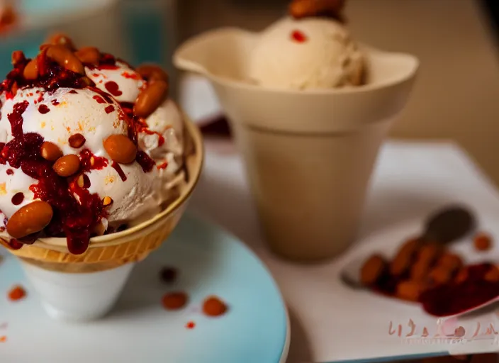 Image similar to dslr food photograph of ice cream sundae with baked bean topping, 8 5 mm f 1. 8