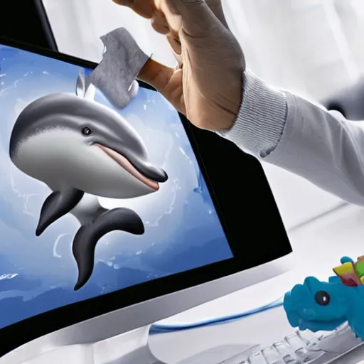 Image similar to An anthropomorphic grey dolphin wearing a white lab-coat and playing games on a computer, digital painting, close-up