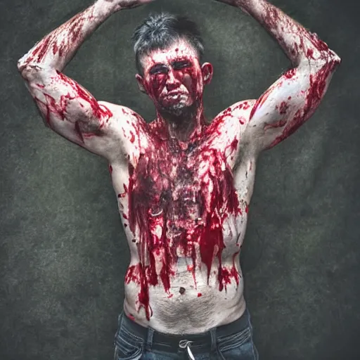 Prompt: ultra detailed photo of a man with many bloody arms covering his entire body