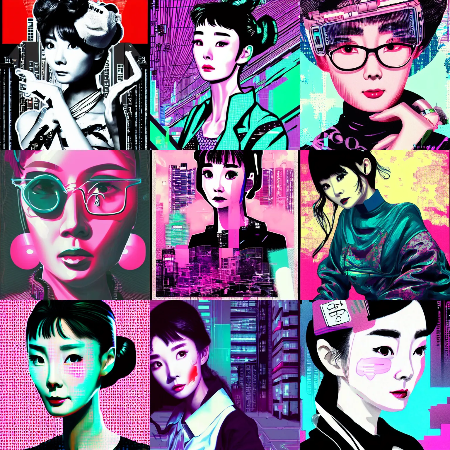 Prompt: korean audrey hepburn, detailed cyberpunk vaporwave portrait by tim doyle