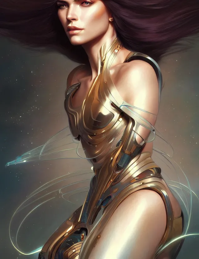 Image similar to futuristic woman portrait, sci-fi, amber eyes, face, long hair, fantasy, intricate, elegant, highly detailed, digital painting, artstation, concept art, smooth, sharp focus, illustration, art by artgerm and greg rutkowski and alphonse mucha