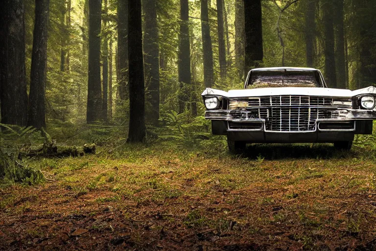 Image similar to a beautiful widescreen photo of a old cadillac upsidedown in a dark forest, mushrooms, in a dark forest low light, by dimitri mellos