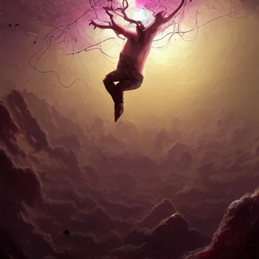 Prompt: a painting of a man falling through a tangle of neurons in a pastel sky, a detailed matte painting by marc simonetti, deviantart, trending on artstation