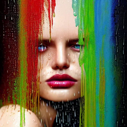 Prompt: dramatic asthetic portrait of revelation in uniquely colored rain with wet hair and face, liquid, joy, bliss, ecstasy, fantasy, intricate, elegant, dramatic lighting, highly detailed, lifelike, photorealistic, digital painting, artstation, concept art, smooth, sharp focus, art by John Collier and Albert Aublet and Krenz Cushart and Artem Demura and Alphonse Mucha