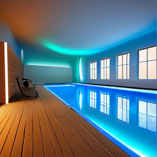 Image similar to govee hue led strip lighting, swiming pool, scene, colourful, 8 k, unreal engine, realistic, house and home,