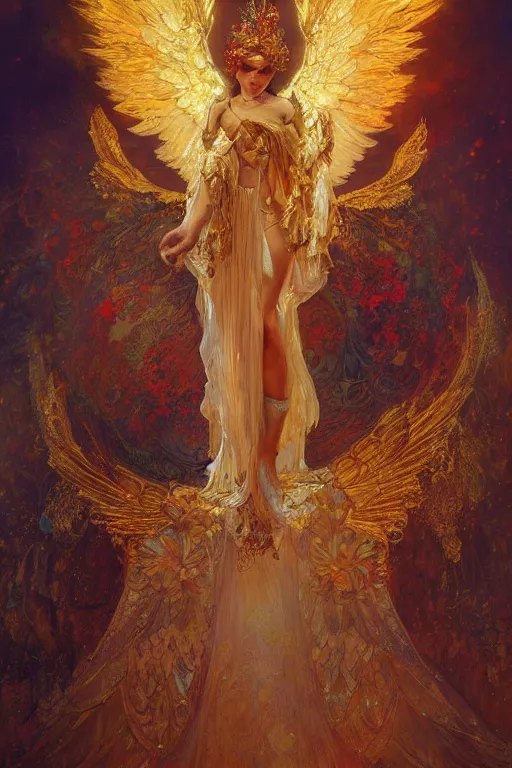Prompt: an intricate painting of a beautifull angel with fire wings surrounded by energy, hyper detailed, ornamental gold headpiece, octane render, vivid colors, artstation, by jeremy mann, by alphonse mucha, by boris vallejo, by gustav klimt