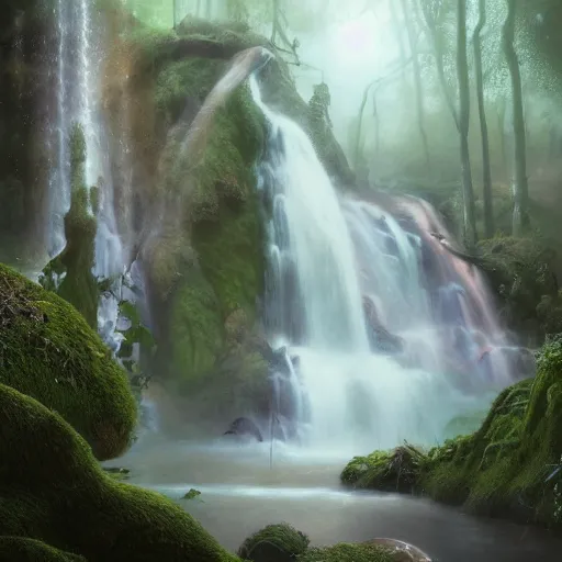 Image similar to tom bagshaw, soft painting render curiosities carnival pond river vegetation rocks bugs wildlife mushrooms covered moss bioluminescent wisps, beautiful stunning waterfall, accurate features, focus, very intricate ultrafine details, random volumetric lighting, fog, award winning masterpiece, octane render 8 k hd, artstation