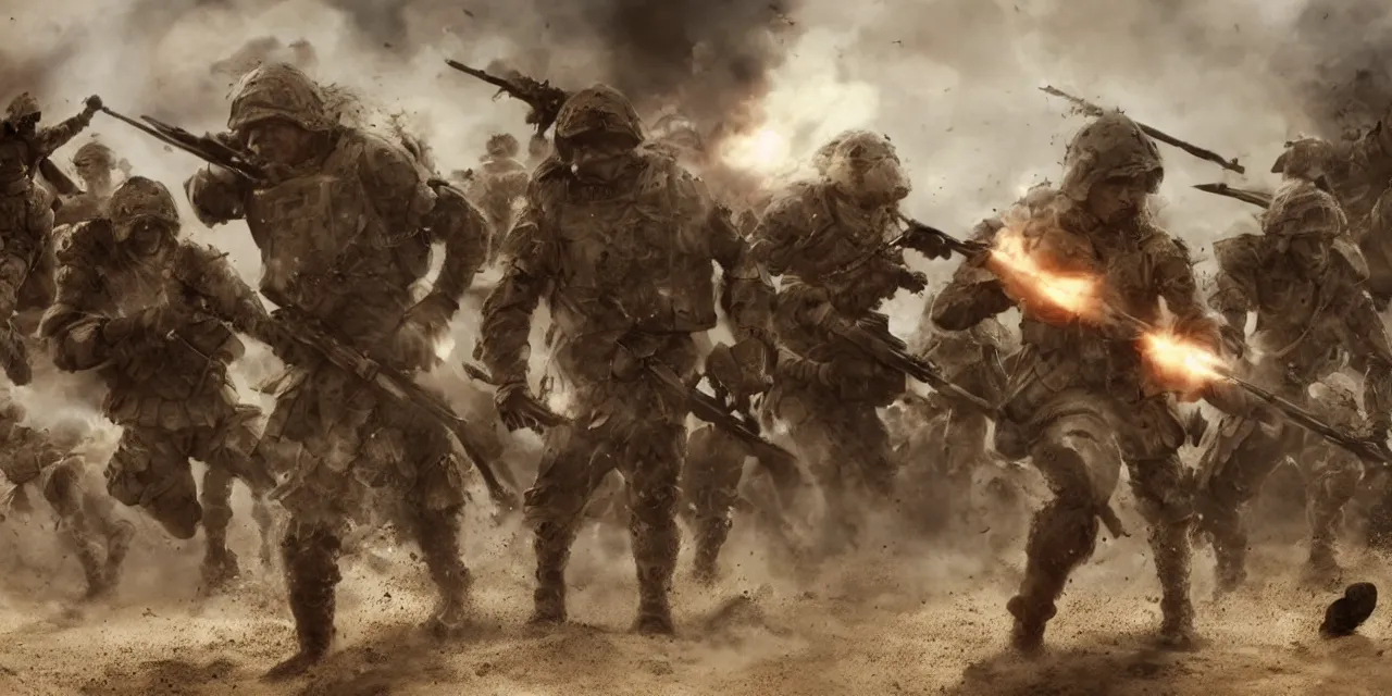 Image similar to fantasy soldiers jumping onto beach from landing craft, explosions and magic, cinematic