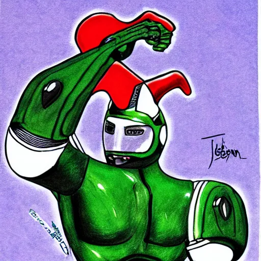 Prompt: a Karl Nicholason drawing of Jet Jaguar fused with Tingle