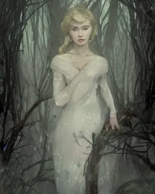 Image similar to elsa portrait, winter, somber, sad, black dress, low light, foggy at dawn, sunlight visible through tree leaves, misty, magic, atmospheric art by artgerm and greg rutkowski and alphonse mucha and by artgerm, by studio muti, greg rutkowski makoto shinkai takashi takeuchi,