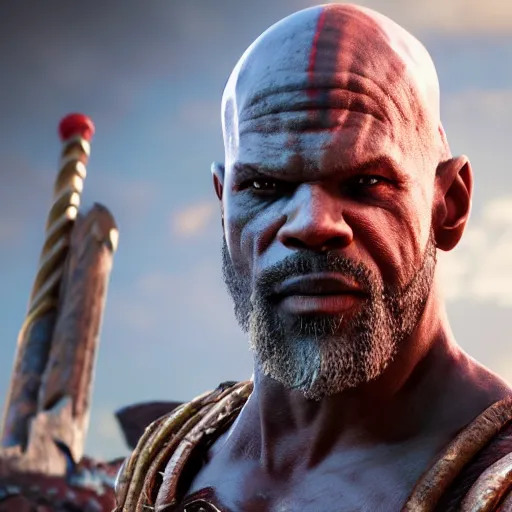 Image similar to Djimon Hounsou as kratos, 8k, cinematic, unreal engine