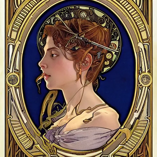 Prompt: realistic detailed face portrait of Artemis by Alphonse Mucha, Greg Hildebrandt, and Mark Brooks, gilded details, spirals, Neo-Gothic, gothic, Art Nouveau, ornate medieval religious icon
