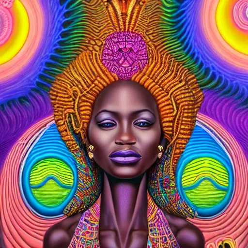 Image similar to a regal and heroic african queen with a colorful afro sitting in a cabana near a large steampunk pyramid near a pink river with a large glowing baobab tree, by amanda sage and alex grey and evgeni gordiets in a surreal psychedelic style, symmetrical, detailed eyes, oil on canvas 8k, hd