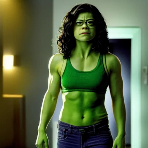 Prompt: a still of tatiana maslany as she hulk