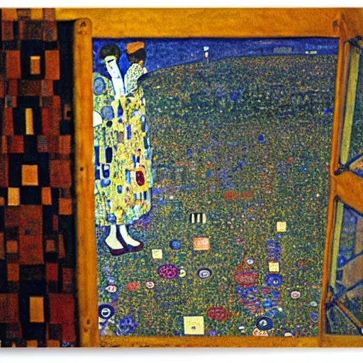 Image similar to men and women looking out of the porthole windows on a large ufo in the sky above a town painting by gustav klimt