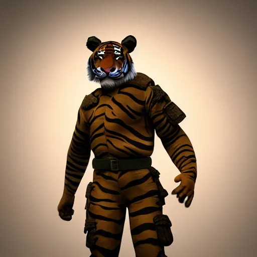 Prompt: Anthro tiger with soldier outfit, realistic, 4k, octane render