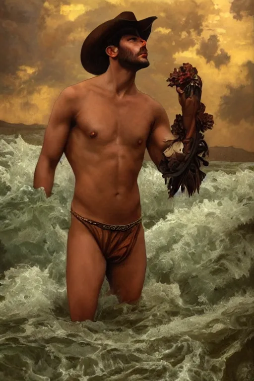 Prompt: a dramatic, epic, ethereal painting of a handsome brown shirtless cowboy | background is a torrential flooding river | tarot!! card, art deco, art nouveau | by Mark Maggiori ((and Alphonse Mucha)) | trending on artstation