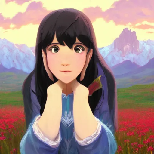 Image similar to portrait of teen girl with long black hair and bangs, detailed facial features, beautiful face, flower fields and mountains in the background, digital painting, artstation, highly detailed, by makoto shinkai and thomas kindle and James gilleard