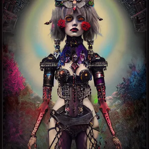 Image similar to photorealistic portrait of a curiosities carnival, single doll punk in a full gothic armor, multiple dyed colors haircut, marvel, symmetry accurate features, focus, rainbow lighting, very intricate details, award winning masterpiece, by tom bagshaw, ultra deep fog background