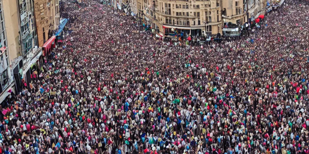 Prompt: million of people dancing in the streets, wide angle