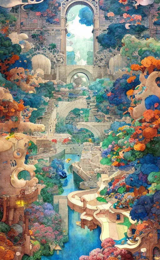 Prompt: dixit card!!!!, tiled room squared waterway, aqueducts, fantasy. intricate, amazing composition, colorful watercolor, by ruan jia, by maxfield parrish, by marc simonetti, by hikari shimoda, by robert hubert, by zhang kechun, illustration, gloomy