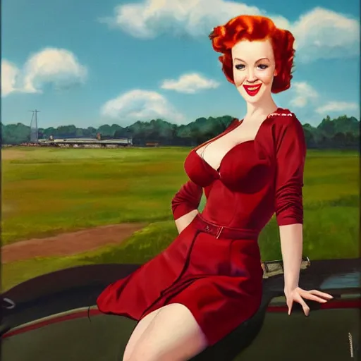 Image similar to Fully-clothed full-body portrait of Christina Hendricks as a pinup painting on world war II bomber