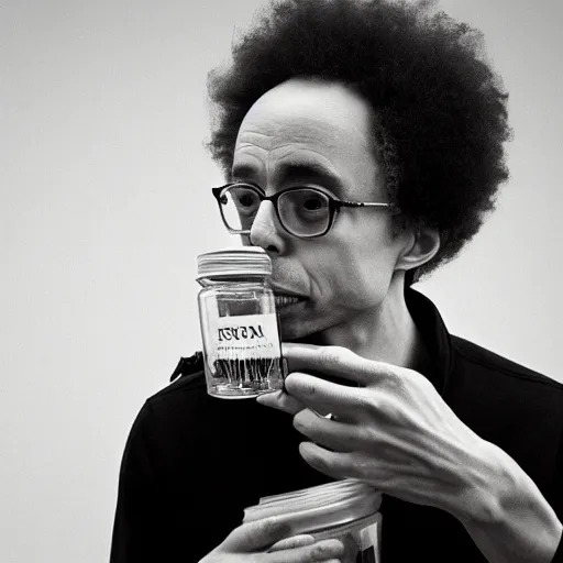 Prompt: Malcolm Gladwell sniffing from a jar with smell lines coming from it