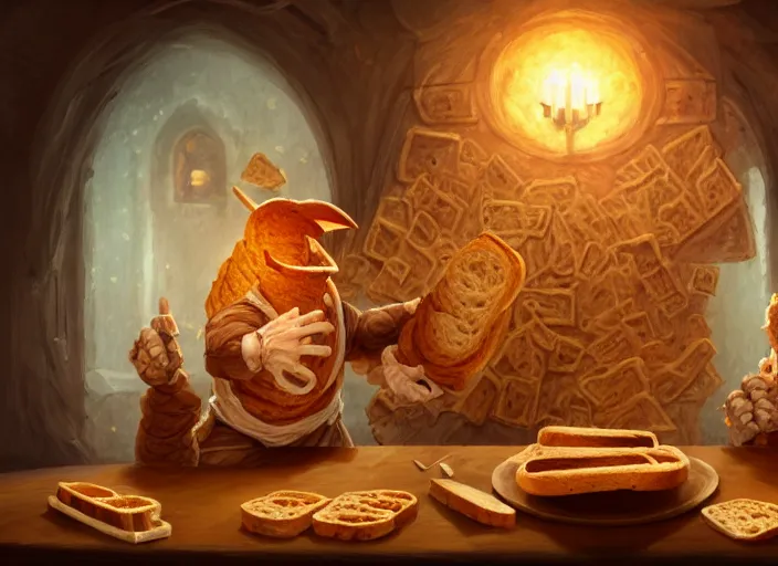 Image similar to a character made out of bread and toast giving a speech in front of a podium, audience in the background, by marco bucci and frank frazetta, magic : the gathering fantasy concept art, high resolution, fantasy coloring, intricate, digital painting, artstation, smooth, sharp focus