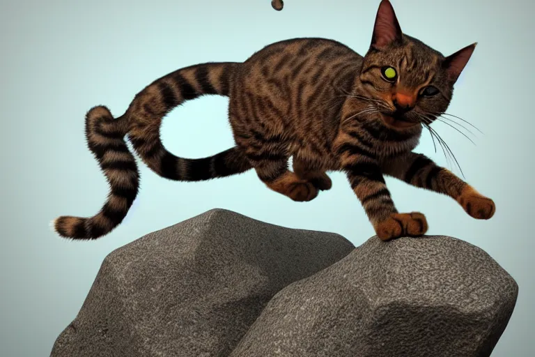 Prompt: a 3 d render of a cat jumping on to a rock, cgi, trending on artstation, detailed, anime