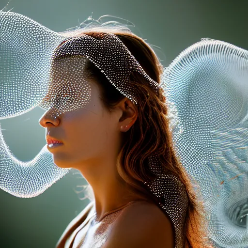 Image similar to a photo of a beautiful female made or of biomorphic honeycombs, 5 0 mm lens, f 1. 4, sharp focus, ethereal, emotionally evoking, head in focus, volumetric lighting, 8 k