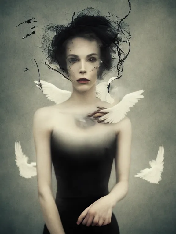 Image similar to portrait of iconic beautiful woman in sophisticated black dress keeping in hands white birds that flying apart turning to smoke and fire and dust. 35mm double-exposure photo, thick fog, daylight, deep shadows, depth of field, cinematic lightning, wide angel, eerie atmosphere, motion blur, HD, smooth and very detailed quality, masterpiece, volumetric lightning, chromatic aberration, Richard Avedon, style of Ade Santora, Tatiana Gorilovsky, cinematic composition, occult, german expressionism, masterpiece, intricate detailed, deep rich palette, wide angel shot