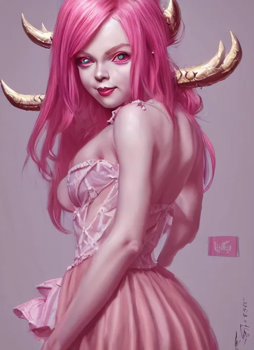 Image similar to a highly detailed illustration of cute pink haired pale demon girl with horns wearing big pink dress, dramatic smile pose, intricate, elegant, highly detailed, centered, digital painting, artstation, concept art, smooth, sharp focus, league of legends concept art, wlop.