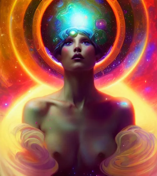 Image similar to cosmic travelers, planets and stars, psychedelic blackhole swirled imagery by artgerm, cushart krenz, greg rutkowski, mucha. space art. lucien rudaux, cosmos, vivid colors, sharp edges. ultra clear detailed. 8 k. elegant, intricate, octane render