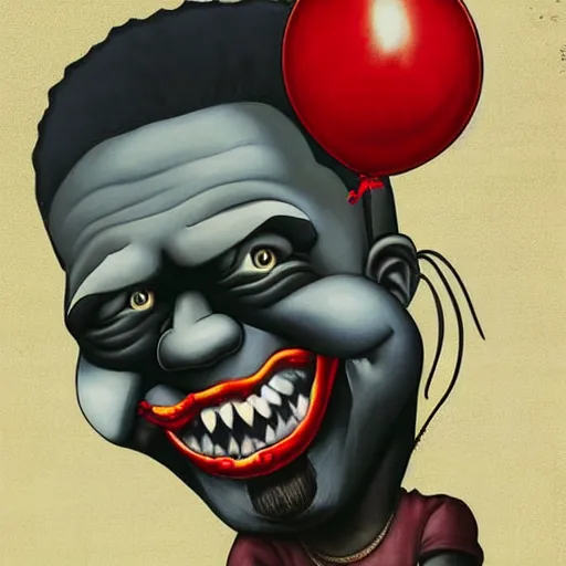 Image similar to grunge cartoon painting of kanye with a wide smile and a red balloon by chris leib, loony toons style, pennywise style, corpse bride style, horror theme, detailed, elegant, intricate